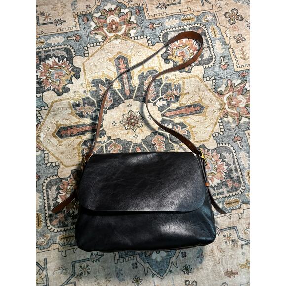 Fossil Crossbody Satchel Purse Medium Tote Black Leather Rocker Bag - Picture 2 of 14